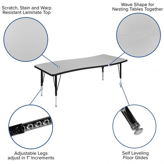 86" Oval Wave Collaborative Laminate Activity Table Set with 14" Student Stack Chairs, Grey/Black