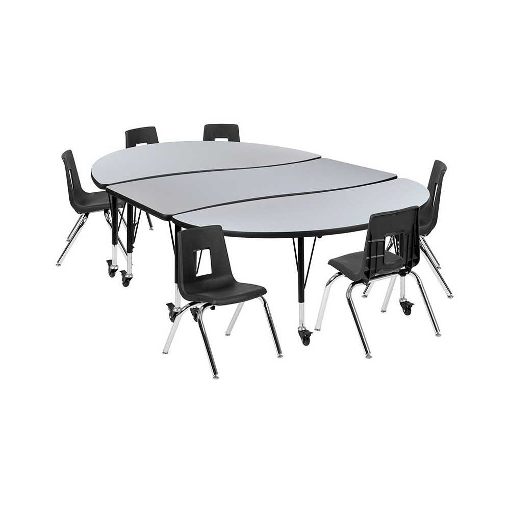 Mobile 86" Oval Wave Collaborative Laminate Activity Table Set with 14" Student Stack Chairs, Grey/Black