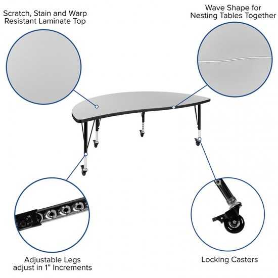 Mobile 86" Oval Wave Collaborative Laminate Activity Table Set with 14" Student Stack Chairs, Grey/Black