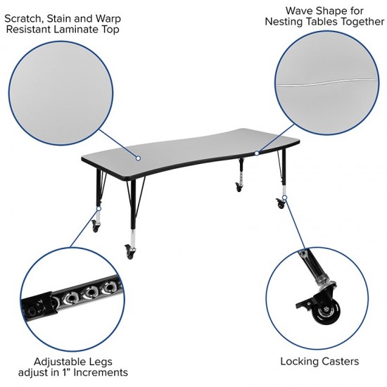 Mobile 86" Oval Wave Collaborative Laminate Activity Table Set with 14" Student Stack Chairs, Grey/Black