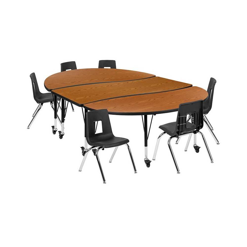 Mobile 86" Oval Wave Collaborative Laminate Activity Table Set with 14" Student Stack Chairs, Oak/Black