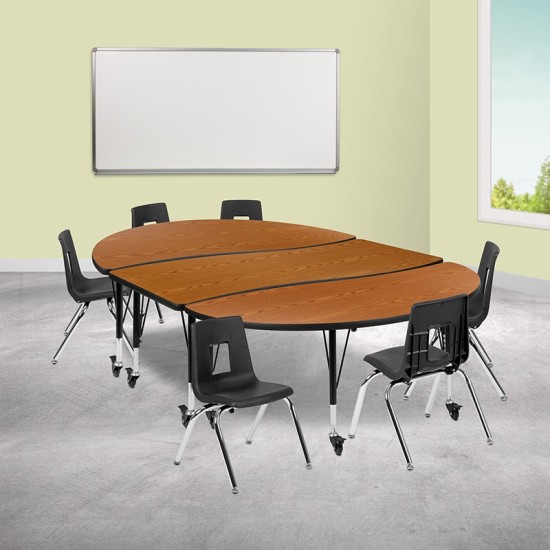 Mobile 86" Oval Wave Collaborative Laminate Activity Table Set with 14" Student Stack Chairs, Oak/Black