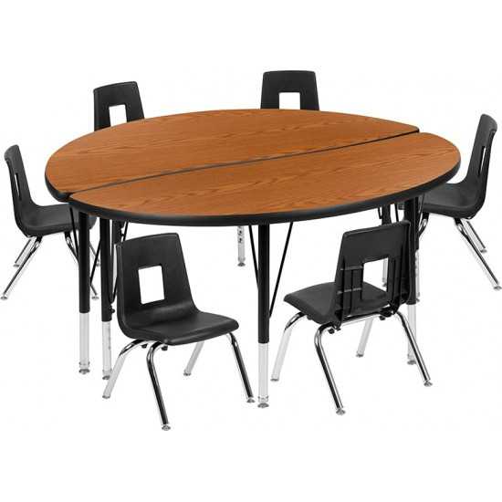 47.5" Circle Wave Collaborative Laminate Activity Table Set with 14" Student Stack Chairs, Oak/Black