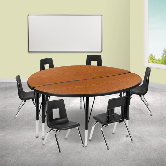 47.5" Circle Wave Collaborative Laminate Activity Table Set with 14" Student Stack Chairs, Oak/Black