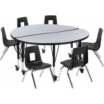 Mobile 47.5" Circle Wave Collaborative Laminate Activity Table Set with 14" Student Stack Chairs, Grey/Black