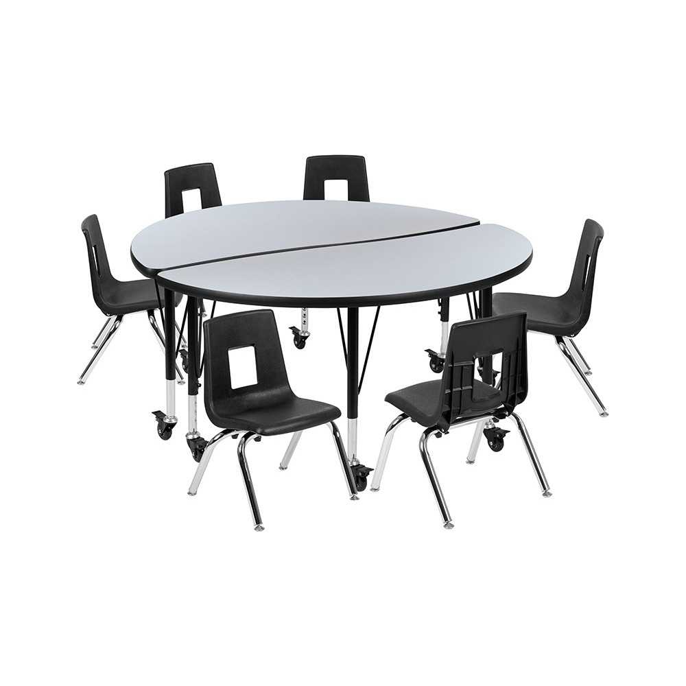 Mobile 47.5" Circle Wave Collaborative Laminate Activity Table Set with 14" Student Stack Chairs, Grey/Black