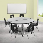 Mobile 47.5" Circle Wave Collaborative Laminate Activity Table Set with 14" Student Stack Chairs, Grey/Black