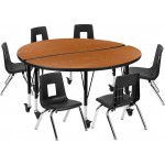 Mobile 47.5" Circle Wave Collaborative Laminate Activity Table Set with 14" Student Stack Chairs, Oak/Black