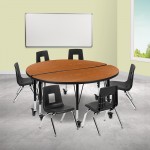 Mobile 47.5" Circle Wave Collaborative Laminate Activity Table Set with 14" Student Stack Chairs, Oak/Black