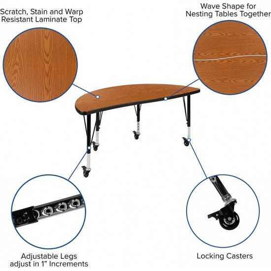 Mobile 47.5" Circle Wave Collaborative Laminate Activity Table Set with 14" Student Stack Chairs, Oak/Black