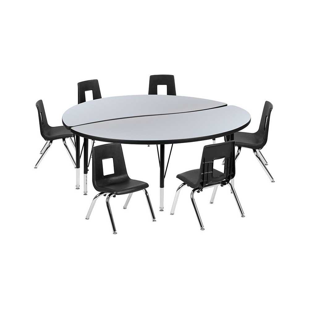 60" Circle Wave Collaborative Laminate Activity Table Set with 14" Student Stack Chairs, Grey/Black