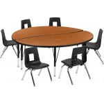 60" Circle Wave Collaborative Laminate Activity Table Set with 14" Student Stack Chairs, Oak/Black