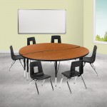 60" Circle Wave Collaborative Laminate Activity Table Set with 14" Student Stack Chairs, Oak/Black