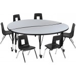 Mobile 60" Circle Wave Collaborative Laminate Activity Table Set with 14" Student Stack Chairs, Grey/Black