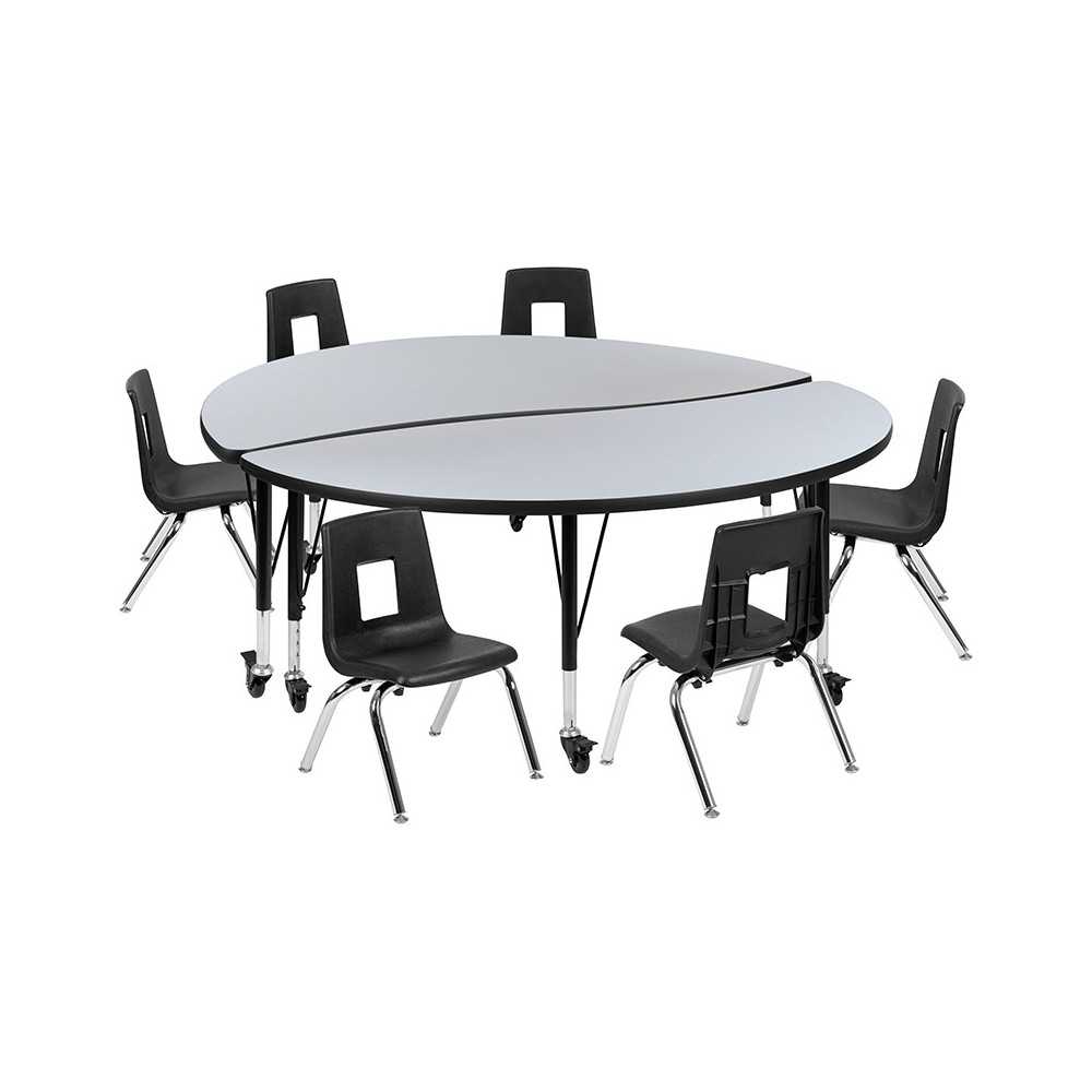 Mobile 60" Circle Wave Collaborative Laminate Activity Table Set with 14" Student Stack Chairs, Grey/Black