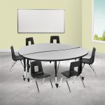 Mobile 60" Circle Wave Collaborative Laminate Activity Table Set with 14" Student Stack Chairs, Grey/Black