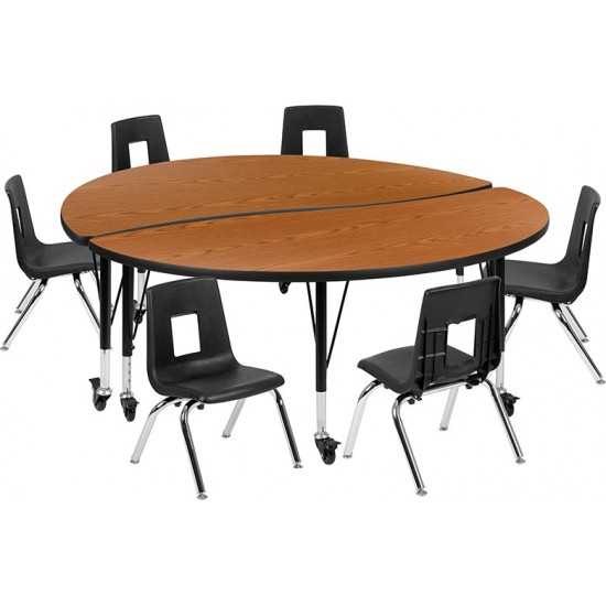 Mobile 60" Circle Wave Collaborative Laminate Activity Table Set with 14" Student Stack Chairs, Oak/Black