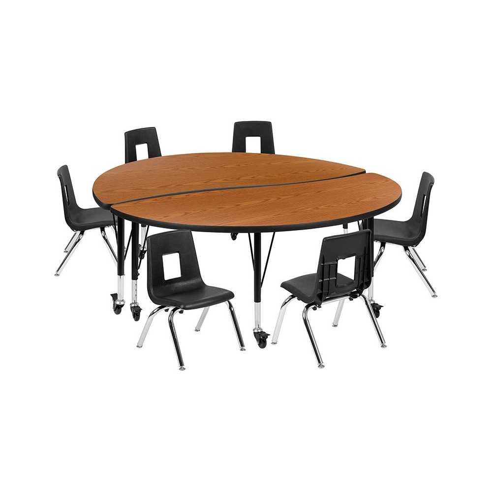 Mobile 60" Circle Wave Collaborative Laminate Activity Table Set with 14" Student Stack Chairs, Oak/Black