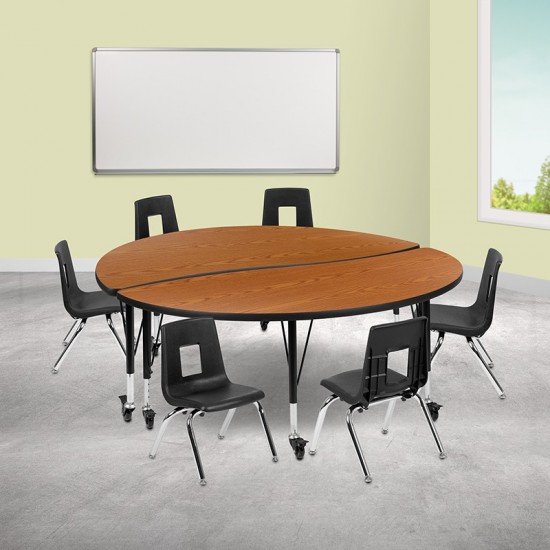 Mobile 60" Circle Wave Collaborative Laminate Activity Table Set with 14" Student Stack Chairs, Oak/Black