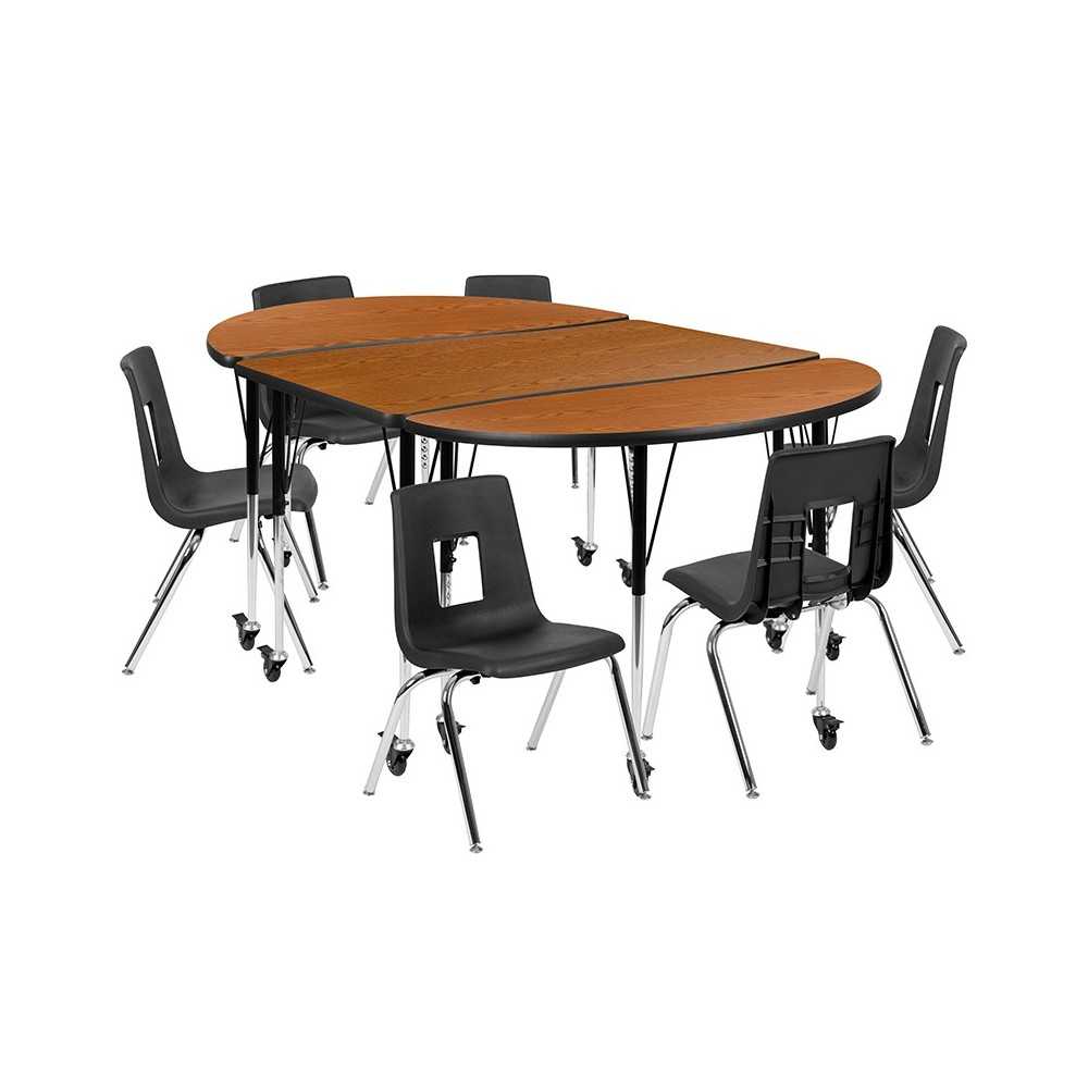 Mobile 76" Oval Wave Collaborative Laminate Activity Table Set with 16" Student Stack Chairs, Oak/Black