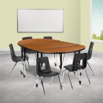 Mobile 76" Oval Wave Collaborative Laminate Activity Table Set with 16" Student Stack Chairs, Oak/Black