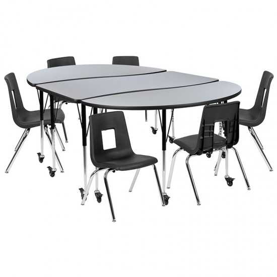 Mobile 86" Oval Wave Collaborative Laminate Activity Table Set with 16" Student Stack Chairs, Grey/Black