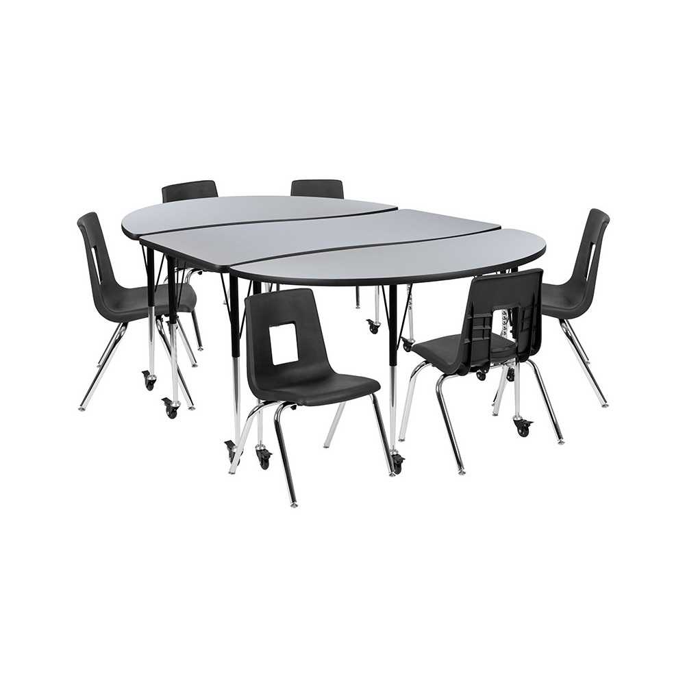 Mobile 86" Oval Wave Collaborative Laminate Activity Table Set with 16" Student Stack Chairs, Grey/Black