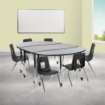 Mobile 86" Oval Wave Collaborative Laminate Activity Table Set with 16" Student Stack Chairs, Grey/Black