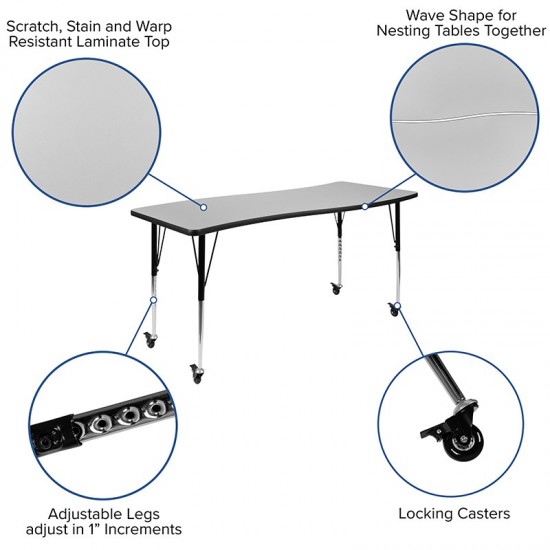 Mobile 86" Oval Wave Collaborative Laminate Activity Table Set with 16" Student Stack Chairs, Grey/Black