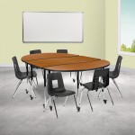 Mobile 86" Oval Wave Collaborative Laminate Activity Table Set with 16" Student Stack Chairs, Oak/Black