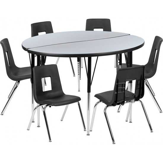 47.5" Circle Wave Collaborative Laminate Activity Table Set with 16" Student Stack Chairs, Grey/Black