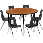 47.5" Circle Wave Collaborative Laminate Activity Table Set with 16" Student Stack Chairs, Oak/Black