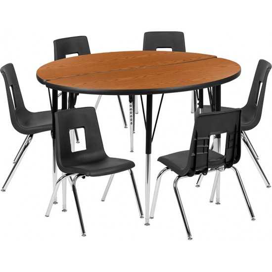 47.5" Circle Wave Collaborative Laminate Activity Table Set with 16" Student Stack Chairs, Oak/Black