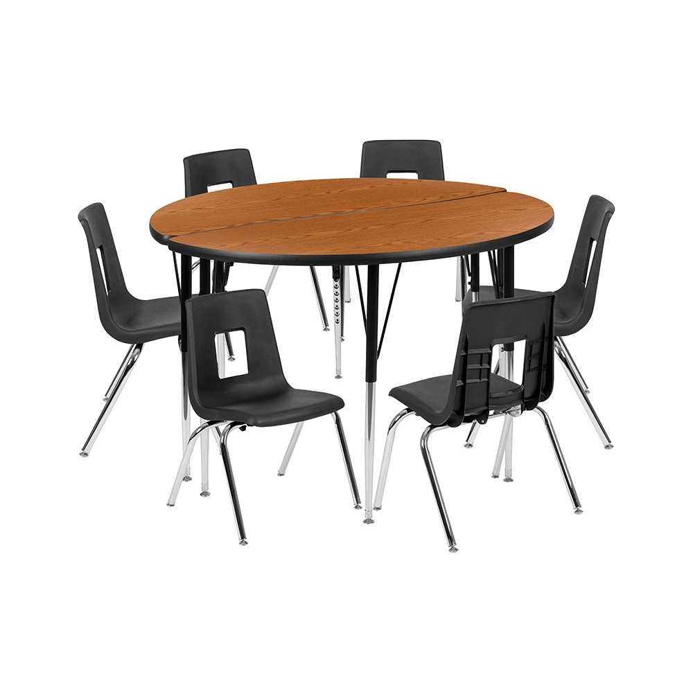 47.5" Circle Wave Collaborative Laminate Activity Table Set with 16" Student Stack Chairs, Oak/Black