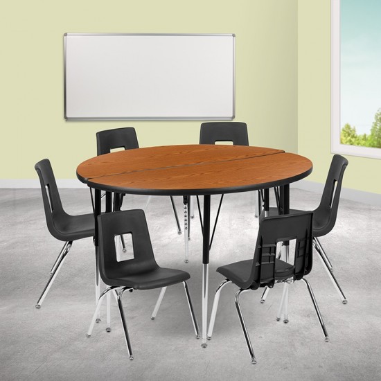 47.5" Circle Wave Collaborative Laminate Activity Table Set with 16" Student Stack Chairs, Oak/Black