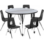 Mobile 47.5" Circle Wave Collaborative Laminate Activity Table Set with 16" Student Stack Chairs, Grey/Black