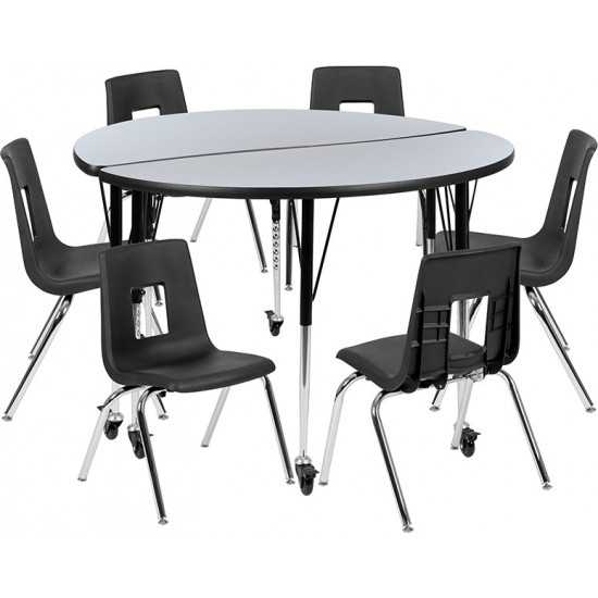 Mobile 47.5" Circle Wave Collaborative Laminate Activity Table Set with 16" Student Stack Chairs, Grey/Black