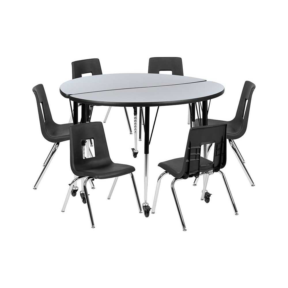 Mobile 47.5" Circle Wave Collaborative Laminate Activity Table Set with 16" Student Stack Chairs, Grey/Black