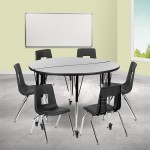 Mobile 47.5" Circle Wave Collaborative Laminate Activity Table Set with 16" Student Stack Chairs, Grey/Black