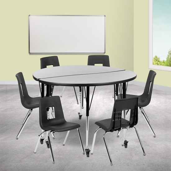 Mobile 47.5" Circle Wave Collaborative Laminate Activity Table Set with 16" Student Stack Chairs, Grey/Black