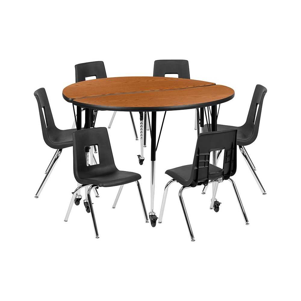 Mobile 47.5" Circle Wave Collaborative Laminate Activity Table Set with 16" Student Stack Chairs, Oak/Black