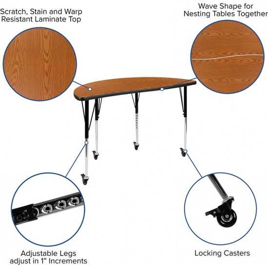 Mobile 47.5" Circle Wave Collaborative Laminate Activity Table Set with 16" Student Stack Chairs, Oak/Black