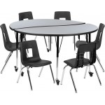 Mobile 60" Circle Wave Collaborative Laminate Activity Table Set with 16" Student Stack Chairs, Grey/Black