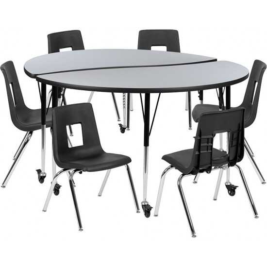 Mobile 60" Circle Wave Collaborative Laminate Activity Table Set with 16" Student Stack Chairs, Grey/Black