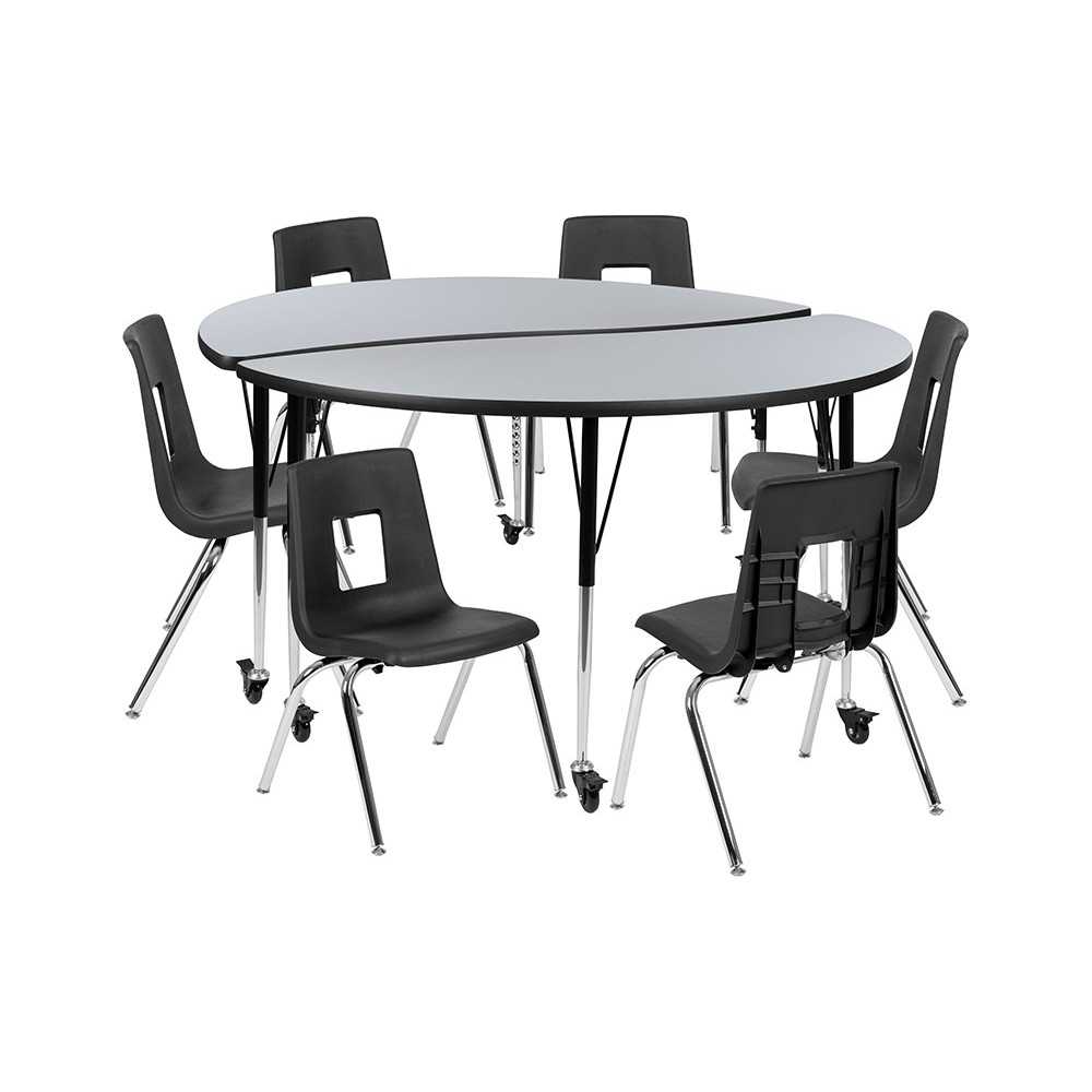 Mobile 60" Circle Wave Collaborative Laminate Activity Table Set with 16" Student Stack Chairs, Grey/Black