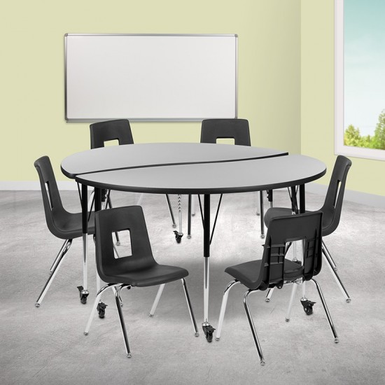 Mobile 60" Circle Wave Collaborative Laminate Activity Table Set with 16" Student Stack Chairs, Grey/Black