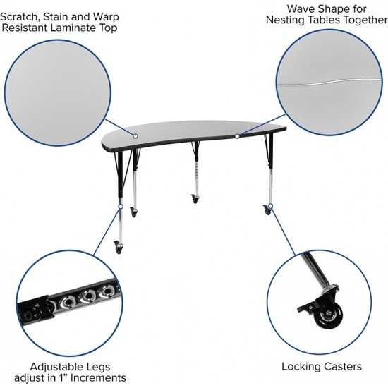 Mobile 60" Circle Wave Collaborative Laminate Activity Table Set with 16" Student Stack Chairs, Grey/Black