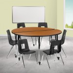 Mobile 60" Circle Wave Collaborative Laminate Activity Table Set with 16" Student Stack Chairs, Oak/Black