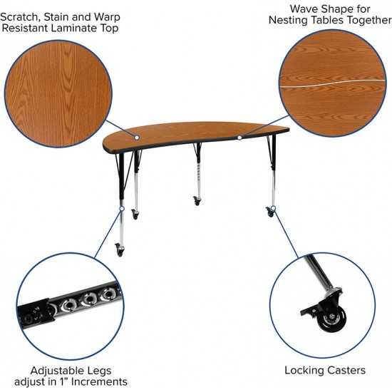 Mobile 60" Circle Wave Collaborative Laminate Activity Table Set with 16" Student Stack Chairs, Oak/Black