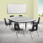 76" Oval Wave Collaborative Laminate Activity Table Set with 18" Student Stack Chairs, Grey/Black